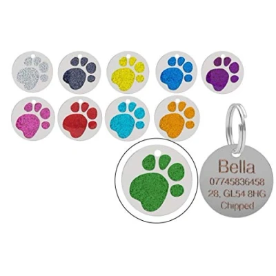 Image of JK Personalised Engraved Round Glitter Paw Print Dog/Cat Pet ID Tag Small/Large (32mm Large, Green)