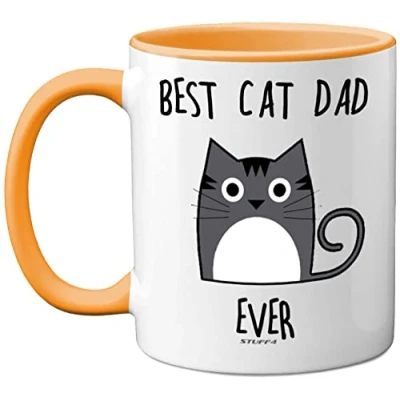 Image of Stuff4 Best Cat Dad Ever Mug, Gifts for Lovers, Gifts, Cute Mugs Men, Funny Coffee 11oz Ceramic Dishwasher Safe Premium Yellow Handle