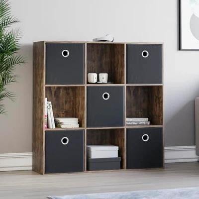Image of Vida Designs Durham Cube Bookcase Storage Organiser Living Room Bookshelf Home Office Furniture (9 &amp; 5 Black Baskets, Dark Wood)