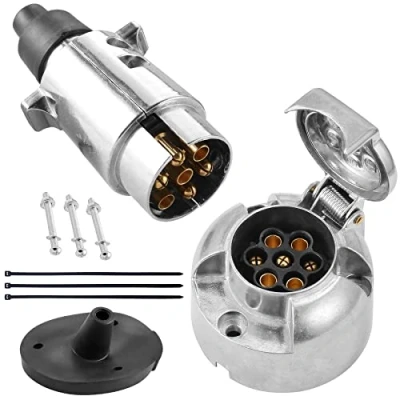 Image of SPARKMOTO 7 Pin Trailer Metal Plug Socket, 12V socket Aluminium Waterproof Male Female with installation accessories 7pin Towing (Rubber Cap)