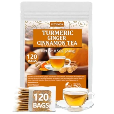 Image of ULTHMOK Premium 120 Turmeric, Ginger, Cinnamon Tea Bags, 100% Natural &amp; No Additives Caffeine Free.…