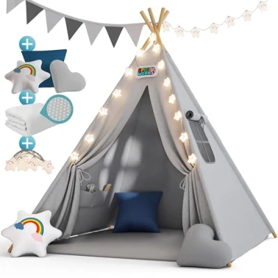 Image of Spielwerk® Kids Teepee Play Tent 130x130x160cm Children&#039;s Playhouse with Fairylight Light Chain 2.5cm Thick Mat 3 Cushions Cotton Carrying Bag Child&#039;s Toy Room Pearl Grey