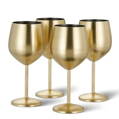 Image of Oak &amp; Steel 4 Elegant Gold Stainless Wine Glasses, 540ml Unbreakable Goblet Balloon Glass Gift Set, for Home Bar, Weddings, Anniversary, Birthday Party