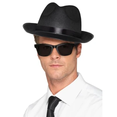 Image of Smiffys 20s Wide Brim Fedora Hat, Black with Elastic Inner Rim, 1950&#039;s Rock&#039;n&#039;Rolla Fancy Dress, Gangster Dress Up Hats