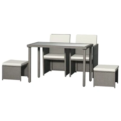 Image of Outsunny 2 Seater Rattan Cube Garden Furniture Set, Dining Set with Cushions, Outdoor Table and Chairs Armchairs, Stools, Rectangular Glass Top for Patio, Balcony, Grey