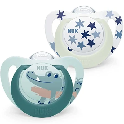 Image of NUK Star Baby Dummy 6 18 Months Day &amp; Night Soothers BPA Free Silicone Green Crocodile 2 Count