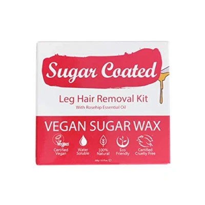 Image of Sugar Coated Organic Leg Hair Removal Wax Kit, Gentle Waxing Kit with Strips &amp; Rosehip Oil to Moisturise, At Home Soft for Sensitive Skin, Non Damaging Removal, 200g