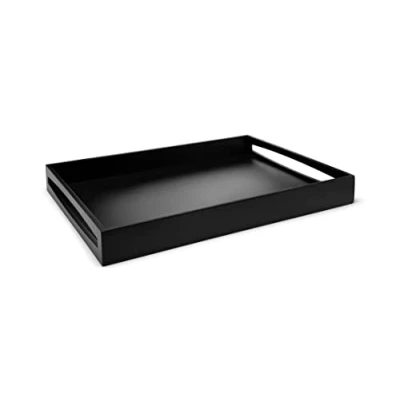 Image of Black Wooden Serving Tray 55 x 40 cm Large Square Breakfast with High Rim and 2 Handles