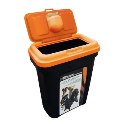 Image of PET FOOD STORAGE CONTAINER BLACK HOLDS 15 25 KG. ORANGE LID RUBBER AIRTIGHT SEAL