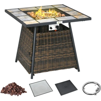 Image of Outsunny Rattan Fire Pit Gas Burner Patio Heater with Control Panel &amp; Lava Rocks