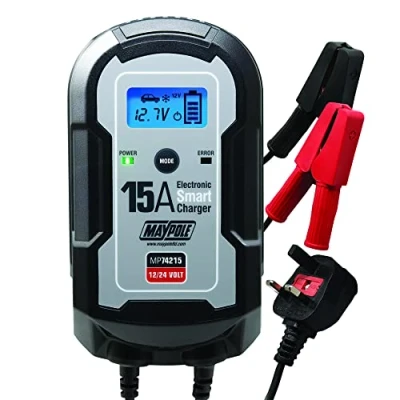 Image of Maypole 15A Dual Voltage 12 24V Electronic Smart Car Battery Charger 10L Fully Automatic 9 Stage Charging Cycle Heavy Duty Lead Acid AGM GEL Motorbike Van Motorhome Lorry