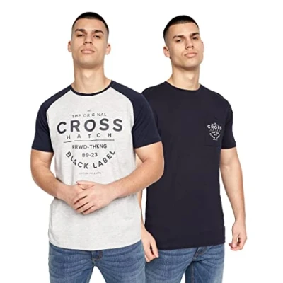 Image of Crosshatch Men&#039;s Premium Half Sleeve Crew Neck T Shirt with Letter Print Logo Design(S,Grey Marl/Navy JIMLARS)