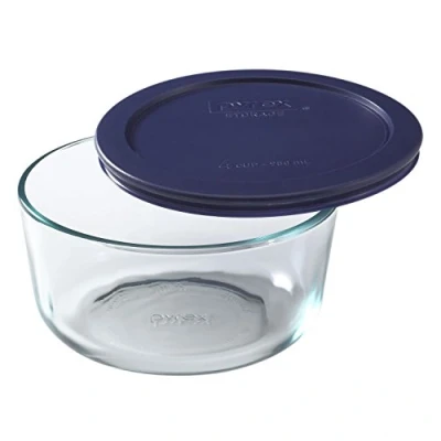 Image of Pyrex 6017398 Simply Store 4 Cup Round Glass Food Storage Dish, Blue Lid