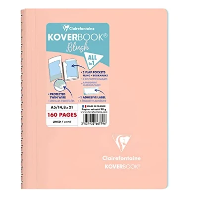 Image of Clairefontaine Ref 366779C Koverbook Blush Wirebound Notebook (80 Sheets) A5 Size, Lined Ruling, 90gsm Brushed Vellum Paper, Pastel Polypro Cover Coral