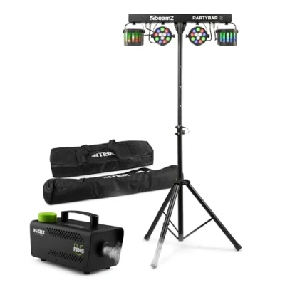 Image of beamz Max Partybar2 DJ Disco Light Package with Stand, F500S Fog Machine, &amp; Case â“ Derby PAR Lights, Sound Activated Bar, 3 15 DMX Channels, Plug Play Shows for Parties Events