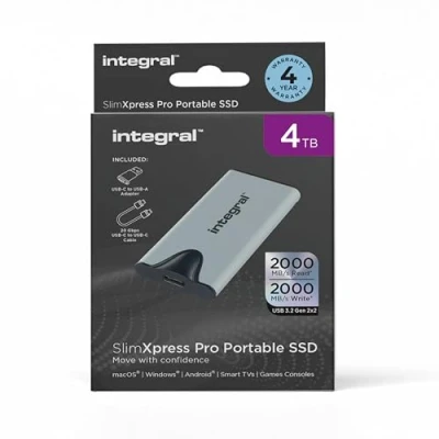 Image of Integral SlimXpress Pro 4TB Portable SSD: 2000MB/s Read/Write, USB 3.2 Gen 2x2, Compact Aluminum Casing, Plug &amp; Play. Compatible with Mac, PC, Android, XBOX, PlayStation