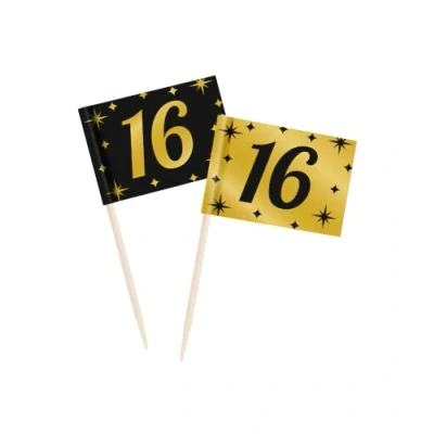 Image of PD Party Cocktail Sticks for 16th Birthday Decoration Anniversary Black Gold 50 Pieces