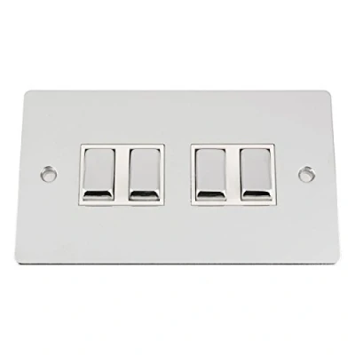 Image of Light Switch 4 Gang Polished Chrome Flat White Insert Metal Rocker 10 Amp 2 Way