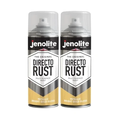 Image of JENOLITE Directorust Metallic Gloss Spray Paint BRIGHT Gold 400ml Multi Surface for Metal, Wood, Plastic All In OnePrimer, Undercoat and Topcoat Interior &amp; Exterior