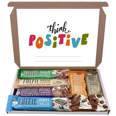 Image of Fulfil Protein Bars &amp; Vitamins Chocolate 6x60g Gift Box Hamper Snack Low Sugar Carbs Fulfill Bar (Think Positive)