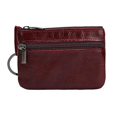 Image of Hibate Women&#039;s Mini Coin Purse Wallet Genuine Leather Zipper Pouch with Key Ring Red_Deep