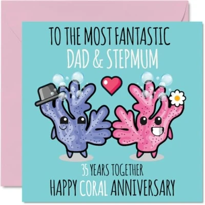 Image of Cute Coral Anniversary Card for Dad &amp; Step Mum 35 Years Together Happy 35th Wedding Cards Dad, 145mm x Greeting Thirty Fifth Anniversaries