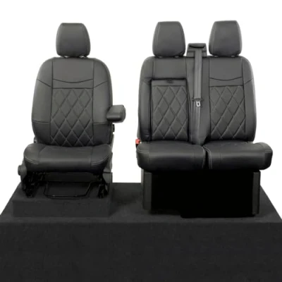 Image of UK Custom Covers Fits Ford Transit (2013 2023) Front Seat Single Diamond Bentley Stitch Leatherette (Black) SC1118B