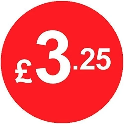 Image of Pack of 500 20mm Price Stickers/Labels Choose from 10p to £95 Bright Red Many Prices (£3.25 Red)