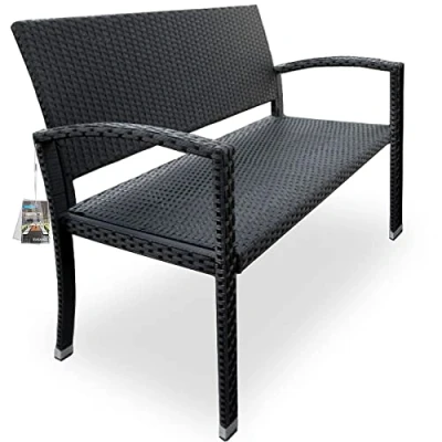 Image of Deuba Poly Rattan Garden Bench Outdoor Patio Wicker Black Balcony Terrace 2 Seater Furniture Seat Weather resistant Deck