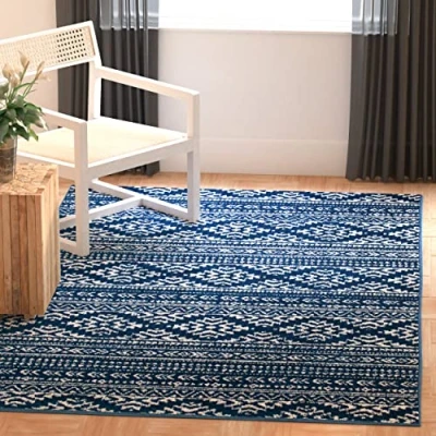 Image of SAFAVIEH Boho Chic Rug for Living Room, Dining Bedroom Tulum Collection, Short Pile, in Navy and Ivory, 91 X 152 cm