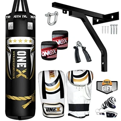 Image of ONEX Heavy Filled 11 Piece 4ft Boxing Punch Bag Set Gloves Bracket MMA Pad Punching Kick (Black, 4ft)