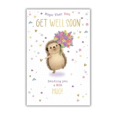 Image of Words &#039;n&#039; Wishes Get Well Card Hedgehog and Floral Bouquet Embossed with a Foil Finish Eco Friendly Recyclable