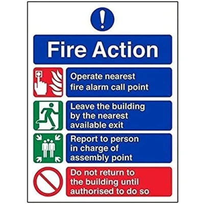 Image of V Safety 12004AN R General Fire Action Prohibition/Safe Sign Portrait 150mm x 200mm 1mm Rigid Plastic, Blue/Green/Red
