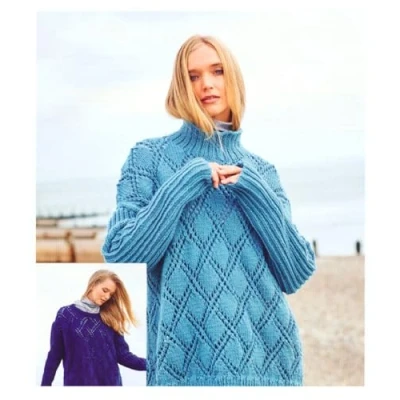 Image of Chunky Knitting Pattern for Ladies Diamond Lace Round or Cowl Neck Sweater (UKHKA 225)