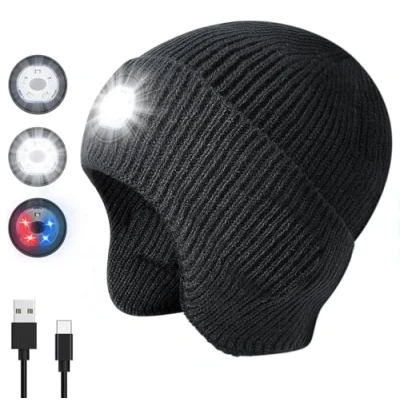 Image of Beanie Hat with Light, Upgraded Light Built in, Unisex LED Headlamp Cap, USB Warm Knitted Earflap Rechargeable Winter Lighted Cap for Walking, Camping