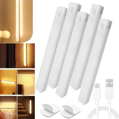 Image of Punch Free Smart Sensor Magnetic Rechargeable Led Lights, 4 In Motion Light Indoor, Activated Cabinet Cordless Under Bedroom Stair Lighting (Warm,5)