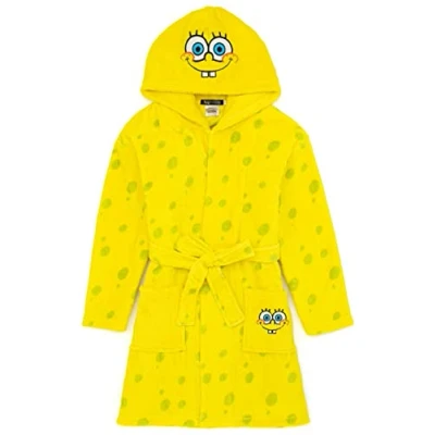 Image of SPONGEBOB SQUAREPANTS Dressing Gown Kids Boys Girls Yellow Robe Pyjamas Bathrobe Character Hood Fluffy Fleece With Adjustable Belt 7 8 Years