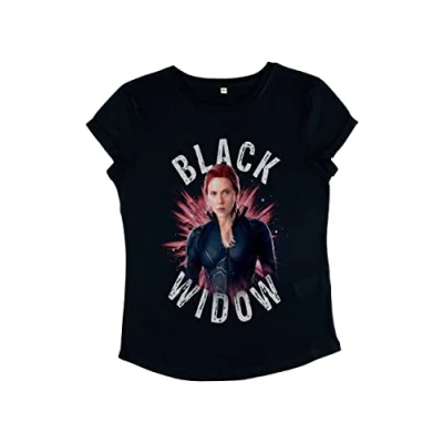 Image of Marvel Women&#039;s Avengers: Endgame Black Widow Burst Rolled Sleeve T Shirt, Navy Blue, S