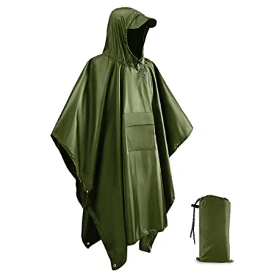 Image of Victoper Waterproof Poncho Adult, Lightweight Reusable Rain Adult for Outdoor Hiking Camping Cycling Traveling Raincoat with Emergency Grommet Corners Army Green