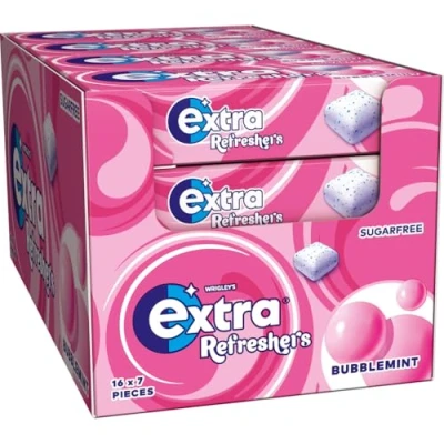 Image of Wrigley&#039;s Extra Refreshers Chewing Gum, Bubblemint Flavour, 16 packs of 7 pieces, Gum Bulk Pack, Sugar Free With Xylitol, Handy Box (112 pieces)