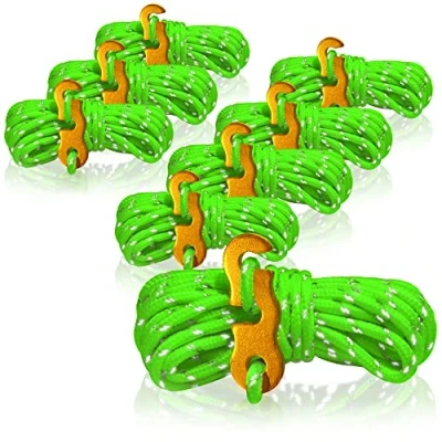 Image of com four® 8x guy ropes, each 4m for camping, reflective in green tent cord with aluminum buckle tension camping rope tensioner storm strap