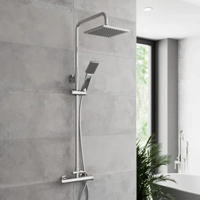 Image of BAYSTONE Thermostatic Mixer Shower Square Chrome Rainfall Head Handset Exposed Valve Hose &amp; Rail Bathroom