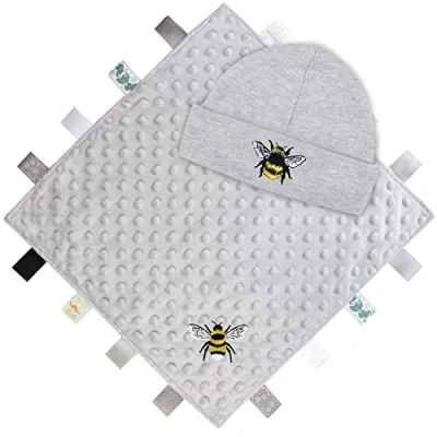 Image of TeddyTs Bumble Bee Taggy Ribbon Comforter Blanket and Baby Hat Gift Set, Grey, 36cm x
