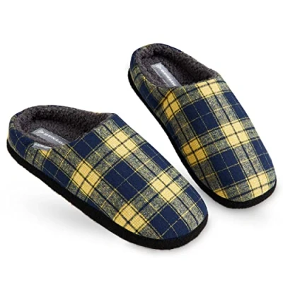Image of DUNLOP Mens Slippers, Comfy Memory Foam Slippers For Men, Warm Faux Sheepskin Mens, Indoor Outdoor Anti Slip House Shoes, Gifts Men Teenage Boys (Navy/Mustard, numeric_9)