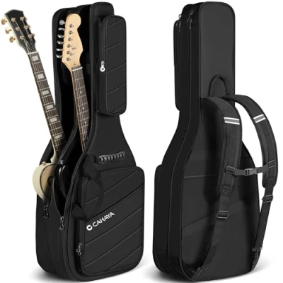 Image of CAHAYA Double Electric Guitar Bag: Premium Added Gig Bag Soft Case 18 mm Thick Padding Compatible with ST (Stratocaster), LP (LesPaul) and Tele (Telecaster) Reflective Bands, Model CY00378 1