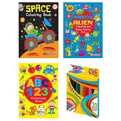 Image of Anilas Boys Monster, Alien &amp; Space Sticker Activity Colouring Books with Educational Book and Free Pencils or Felt Tip Pens (Perfect for Ages 4 8) (Pencils)