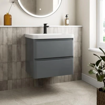 Image of Affine® 600mm Vanity Unit Wash Basin Sink Bathroom Wall Mounted Storage Cabinet Cupboard Cloakroom, Soft Close Drawers, Grey Gloss