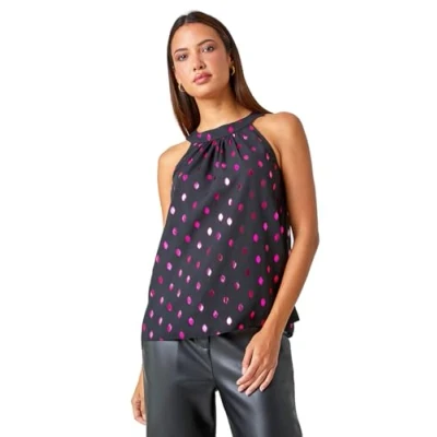 Image of Roman Womens Metallic Polka Dot Print Halterneck Top Pink Size 12 UK