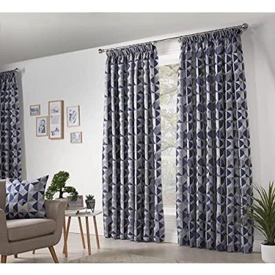 Image of Skandi Taped Pencil Pleat Curtains Fully Lined Weave Jacquard Navy 90x90