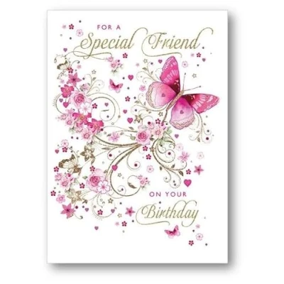 Image of Nigel Quiney Special Friend Female Birthday Card Pink Butterfly and Flowers Eco Friendly Recyclable
